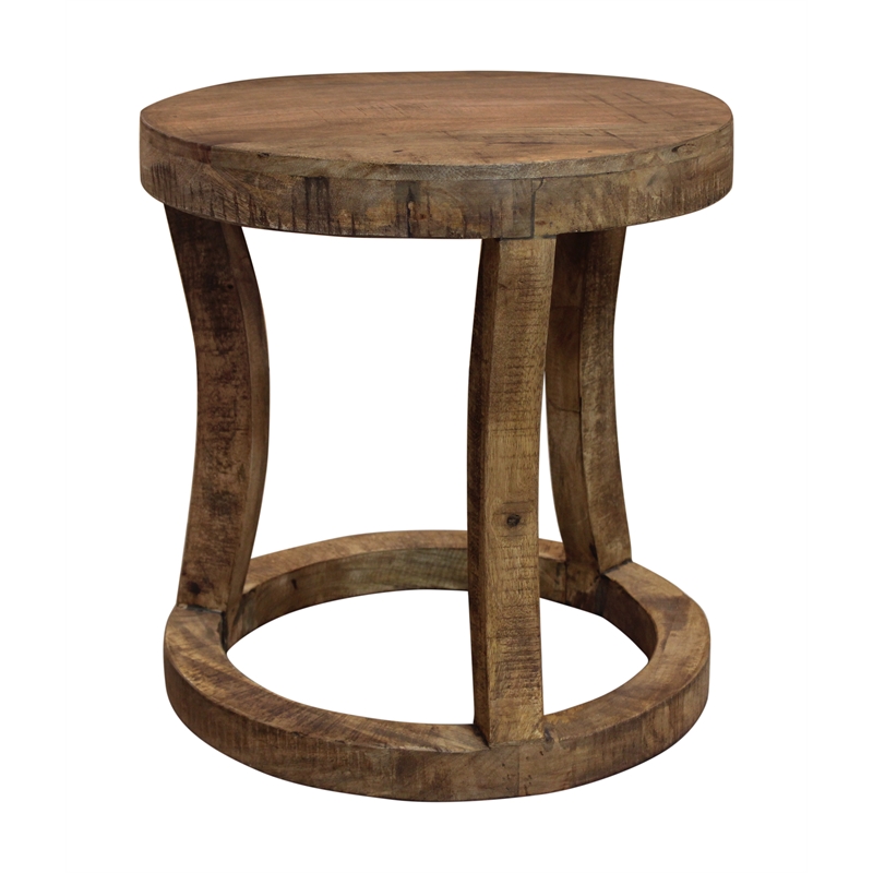 Koda Solid Wood Round Accent Stool With Circle Base in Natural Brown Finish