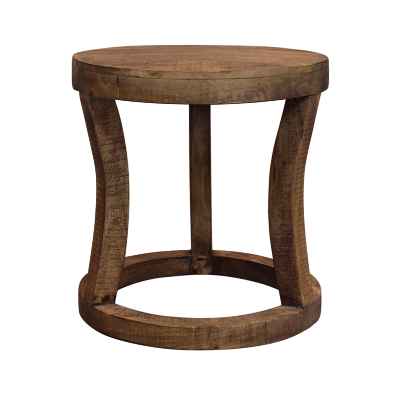 Koda Solid Wood Round Accent Stool With Circle Base in Natural Brown Finish