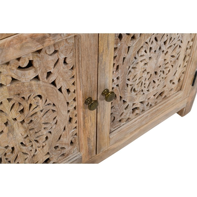 Waverly 2 Door Solid Wood Accent Cabinet with Hand-Carved Doors in Natural