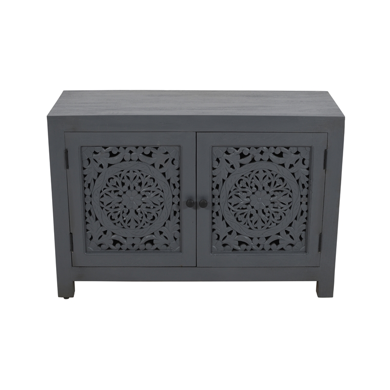 Waverly 2 Door Solid Wood Accent Cabinet with Hand-Carved Doors in Gray