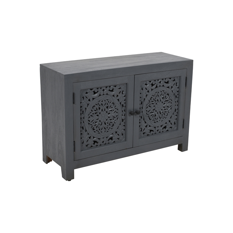 Waverly 2 Door Solid Wood Accent Cabinet with Hand-Carved Doors in Gray