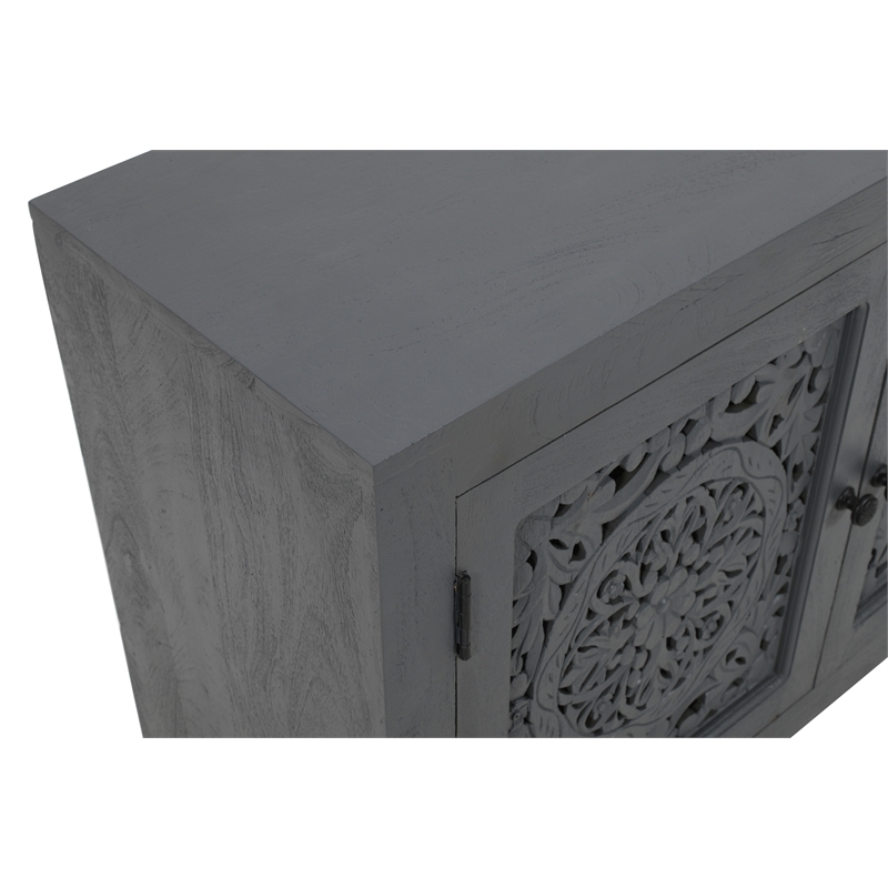 Waverly 2 Door Solid Wood Accent Cabinet with Hand-Carved Doors in Gray