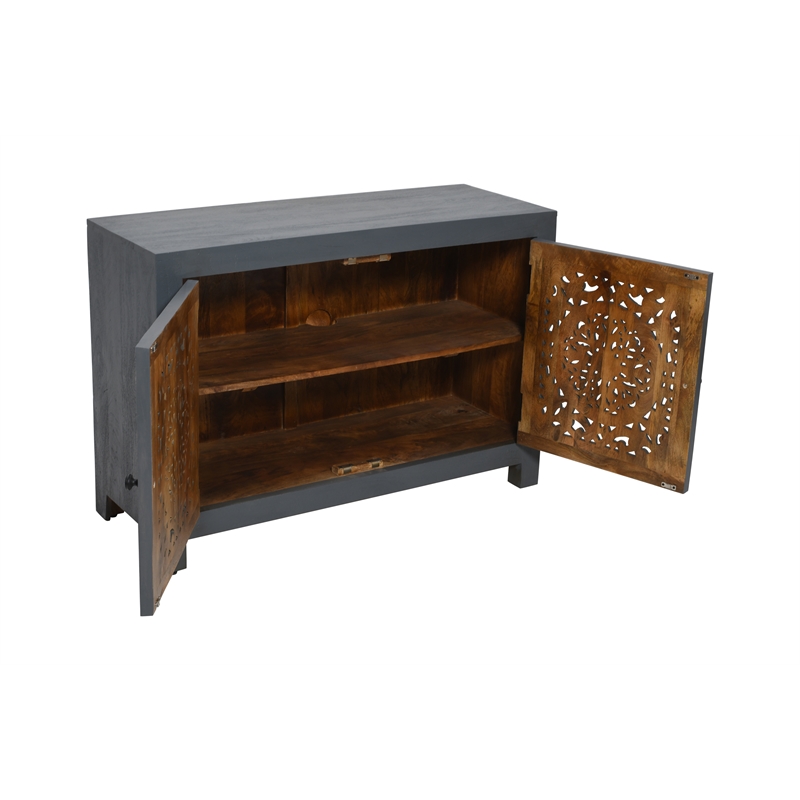 Waverly 2 Door Solid Wood Accent Cabinet with Hand-Carved Doors in Gray