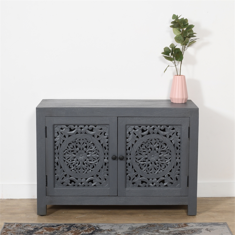 Waverly 2 Door Solid Wood Accent Cabinet with Hand-Carved Doors in Gray