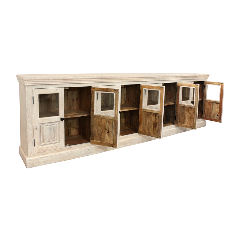 Tropez 8-Door Solid Wood Sideboard With Glass Panels in Distressed White Finish