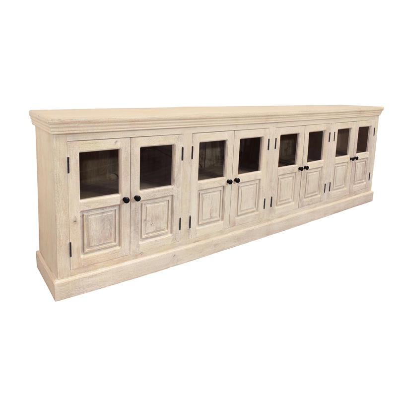 Tropez 8-Door Solid Wood Sideboard With Glass Panels in Distressed White Finish