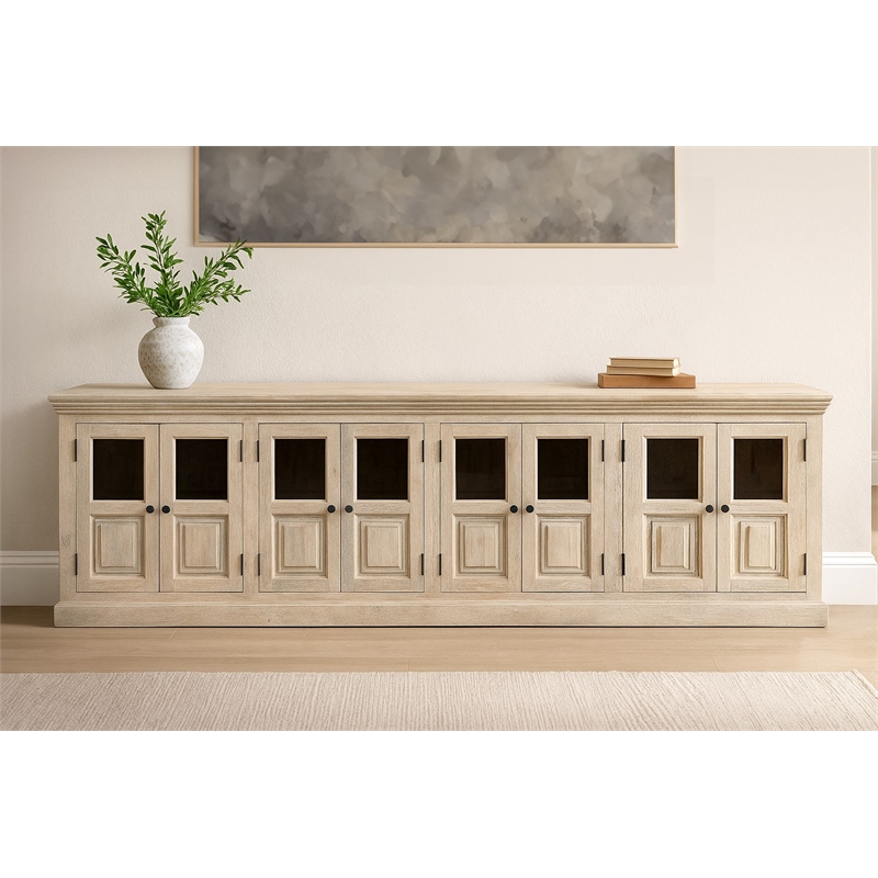Tropez 8-Door Solid Wood Sideboard With Glass Panels in Distressed White Finish