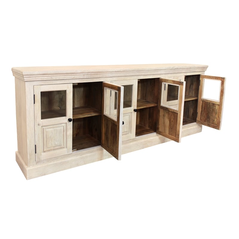 Tropez 6-Door Solid Wood Sideboard With Glass Panel in Distressed White Finish
