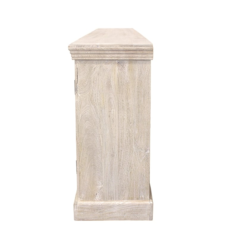 Tropez 6-Door Solid Wood Sideboard With Glass Panel in Distressed White Finish