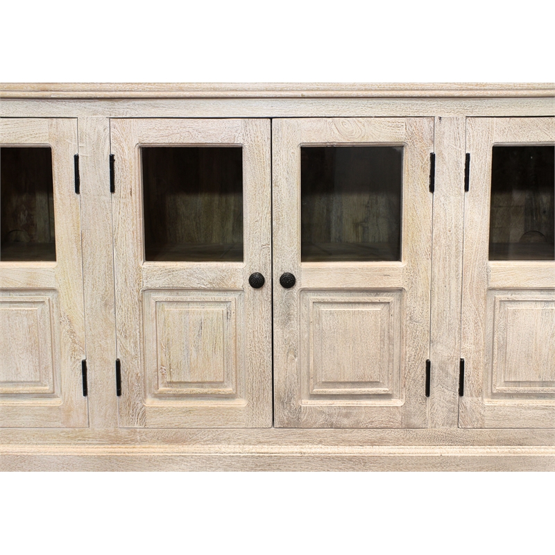Tropez 6-Door Solid Wood Sideboard With Glass Panel in Distressed White Finish