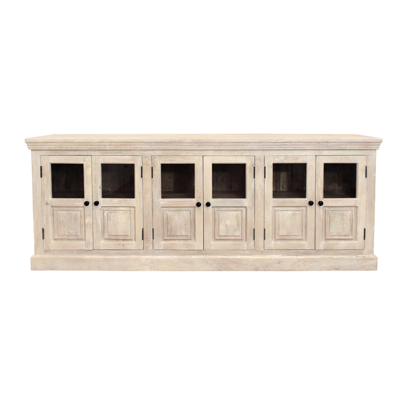Tropez 6-Door Solid Wood Sideboard With Glass Panel in Distressed White Finish