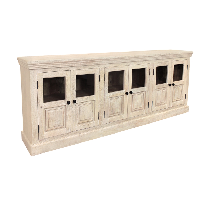 Tropez 6-Door Solid Wood Sideboard With Glass Panel in Distressed White Finish