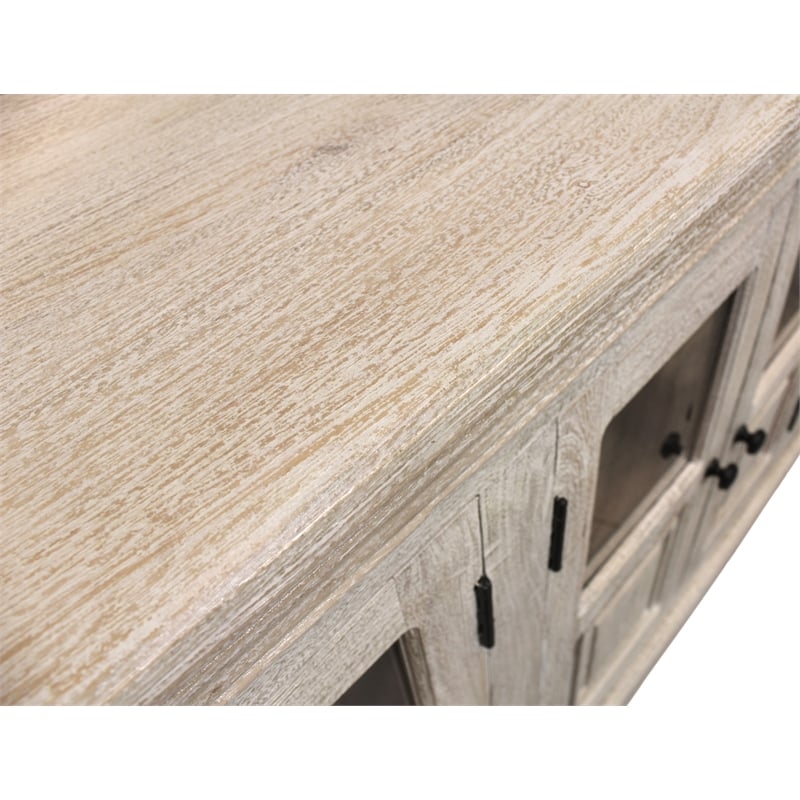 Tropez 6-Door Solid Wood Sideboard With Glass Panel in Distressed White Finish