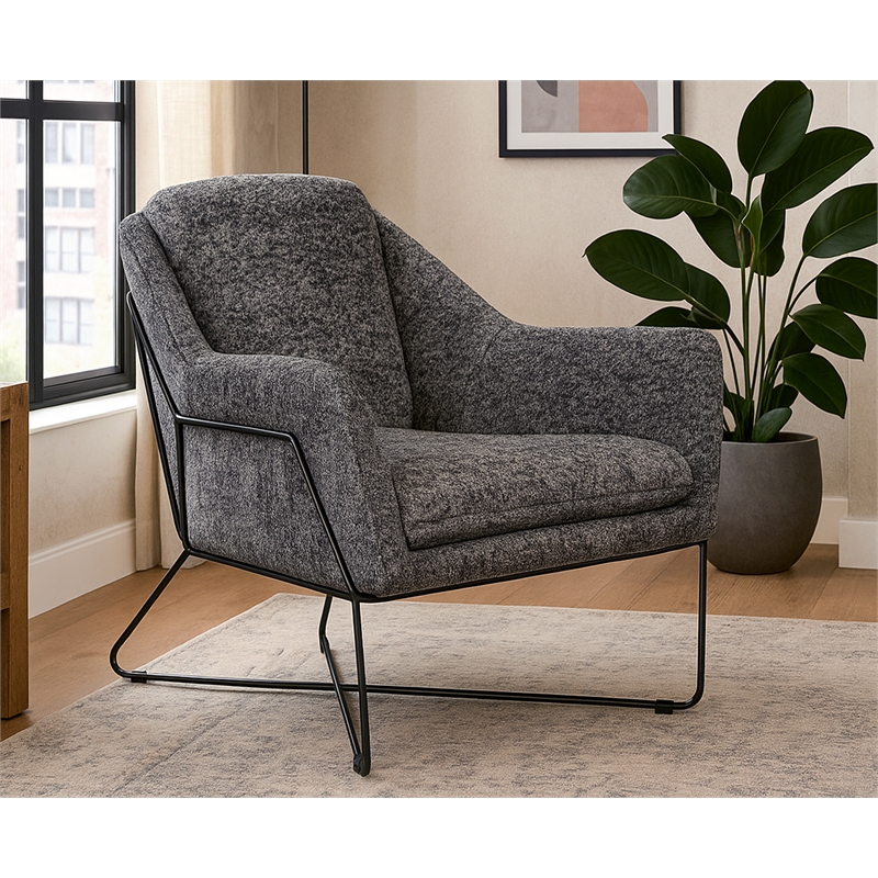 Emilia Lounge Chair in Boucle Charcoal Blue Fabric with Toughened Iron Frame