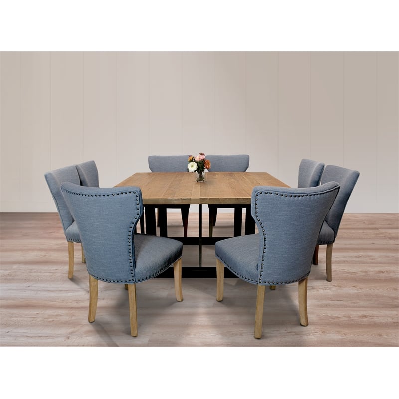 Logan 9-Piece Set with 8 Jill Solid Wood Side Chairs in Denim with Natural Legs