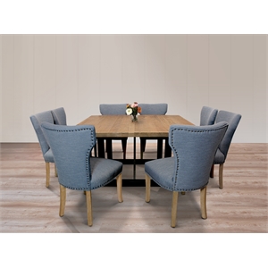 Logan 9-Piece Set with 8 Jill Solid Wood Side Chairs in Denim with Natural Legs