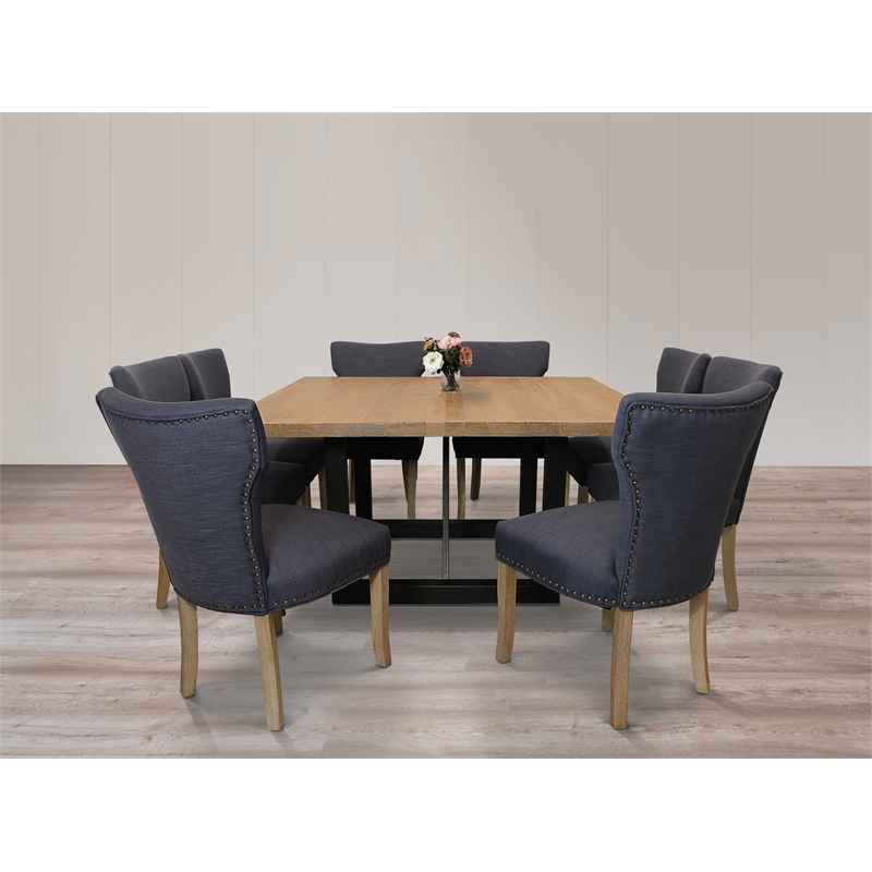 Logan 9-Piece Set with 8 Jill Solid Wood Side Chairs in Blue with Natural Legs