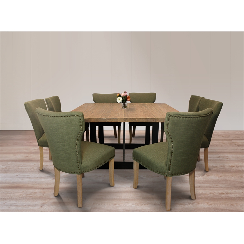 Logan 9-Piece Set with 8 Jill Solid Wood Side Chairs in Green with Natural Legs