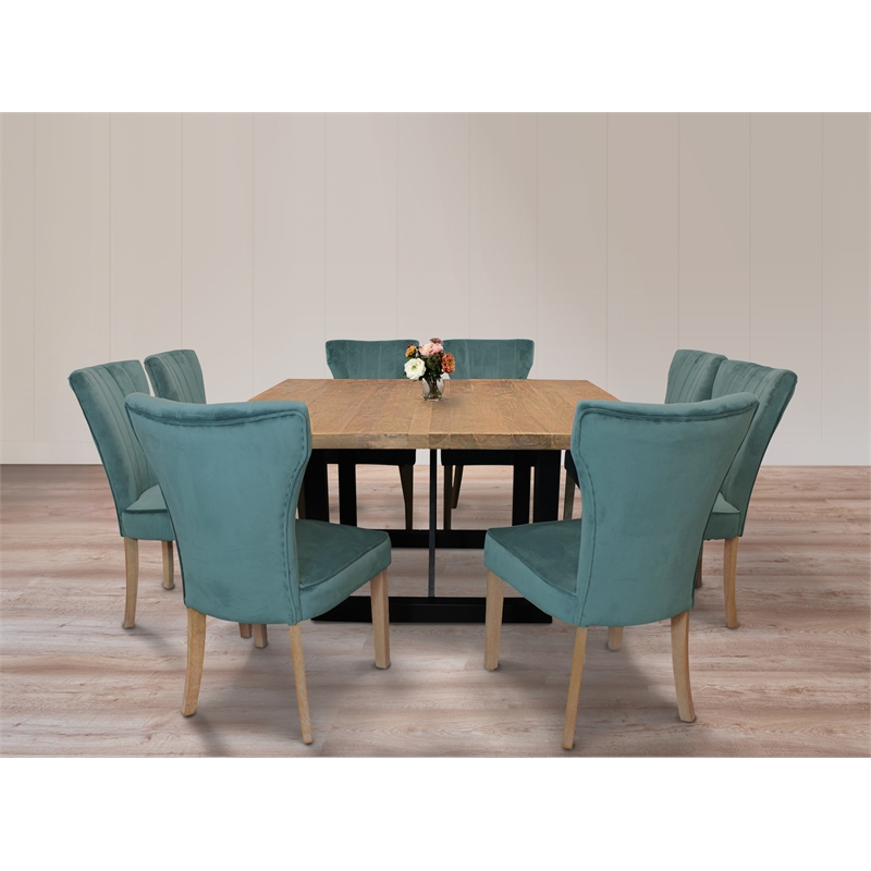 Logan 9-Piece Set with 8 Cleo Solid Wood Side Chairs in Teal with Natural Legs