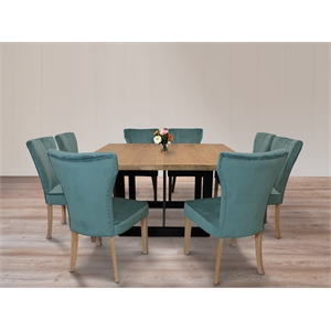 Logan 9-Piece Set with 8 Cleo Solid Wood Side Chairs in Teal with Natural Legs