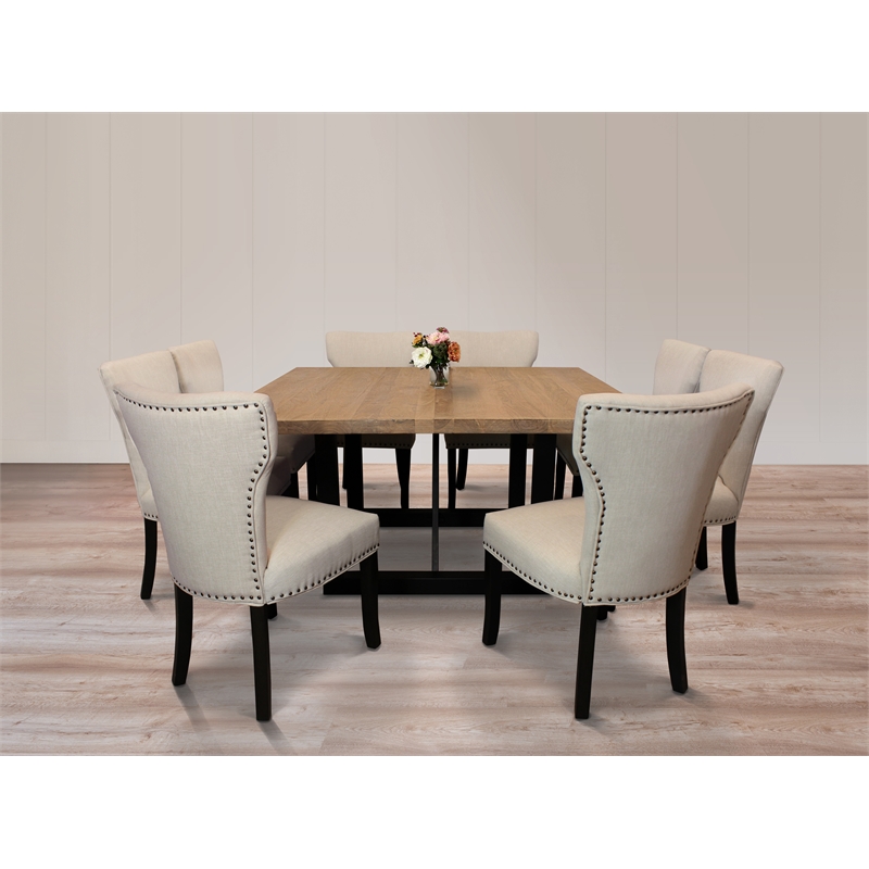 Logan 9-Piece Set with 8 Jill Solid Wood Side Chairs in Ivory and Antique Brown