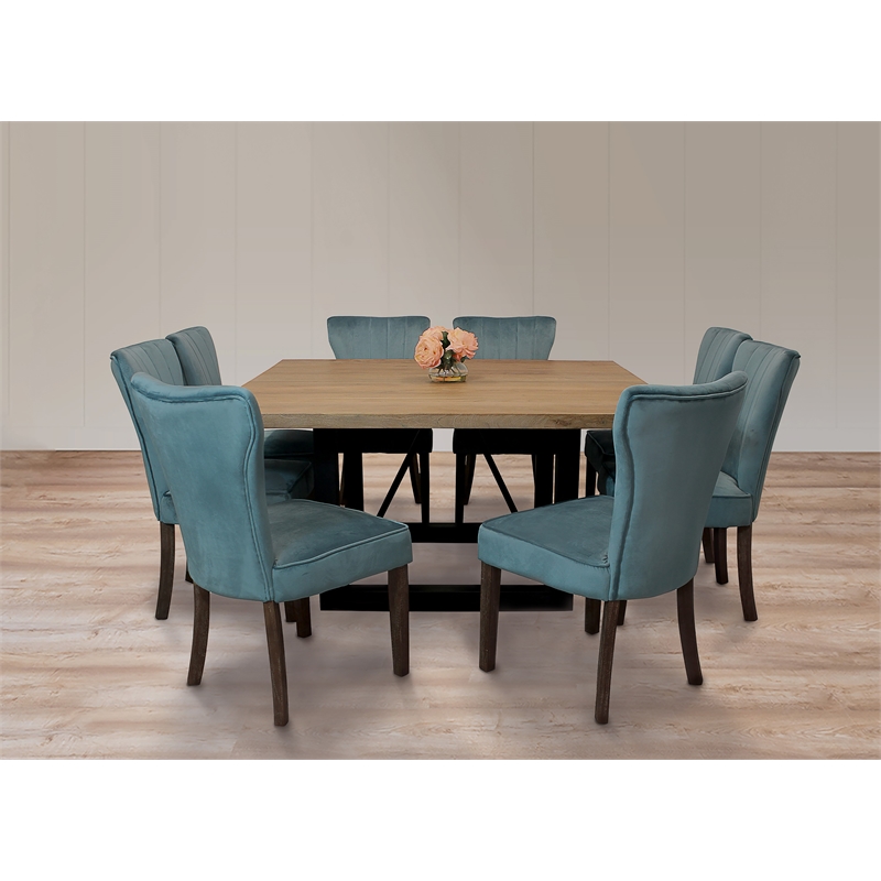 Logan 9-Piece Set with 8 Cleo Solid Wood Side Chairs in Teal with Brown Legs