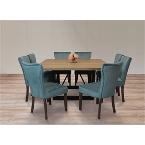 Logan 9-Piece Set with 8 Cleo Solid Wood Side Chairs in Teal with Brown Legs