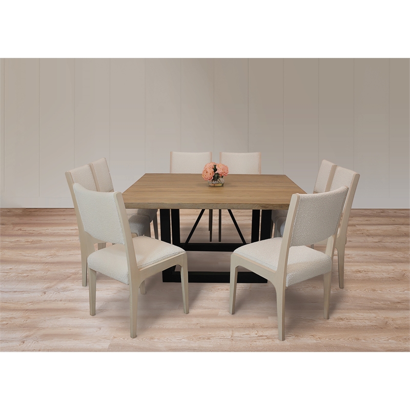 Logan 9-Piece Dining Set with 8 Ash Solid Wood Side Chairs in Ivory Boucle Linen