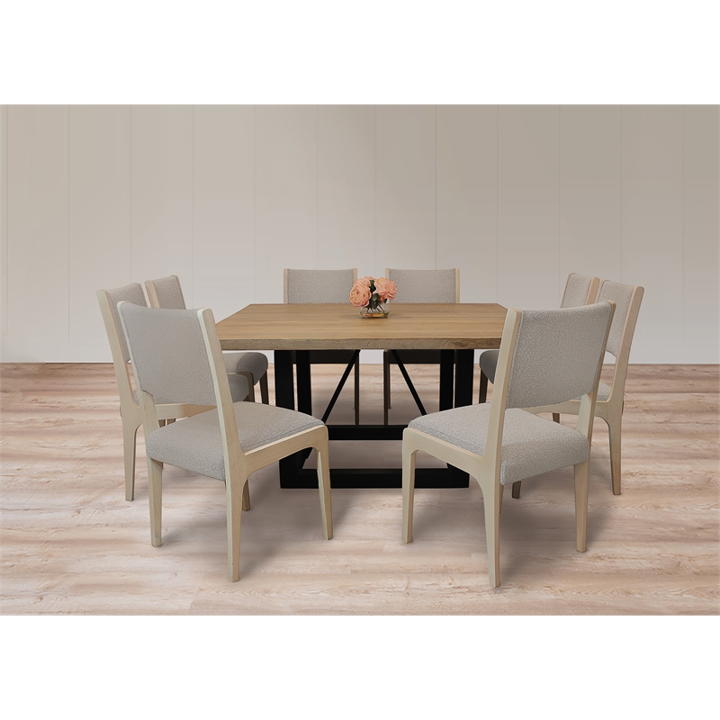 Logan 9-Piece Dining Set with 8 Ash Solid Wood Side Chairs in Gray Boucle Linen