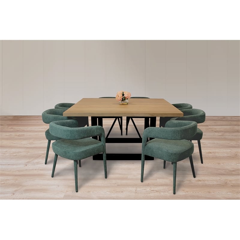 Logan-Piece Dining Set with 8 Galway Side Chairs in Teal Linen Fabric