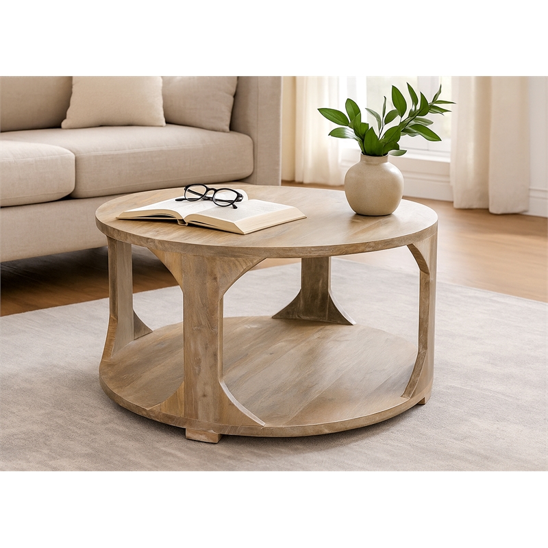 Jenna Round Cocktail Table with Shelves In Coastal Natural Solid Wood
