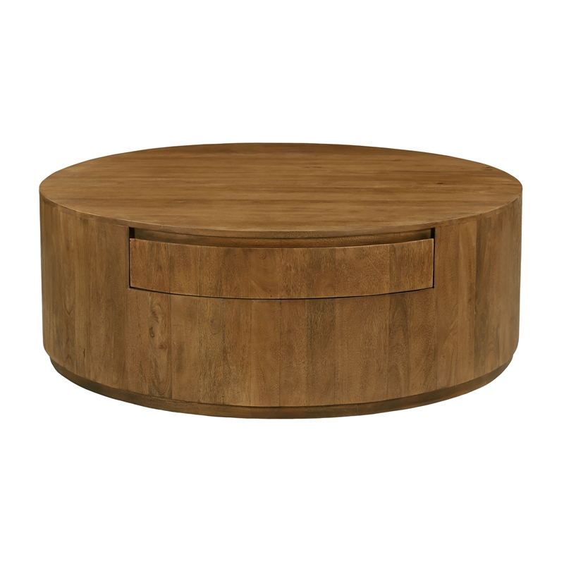 Flagstaff Round Cocktail Table 2-Drawer in Modern Spice Tan Finish on Solid Wood