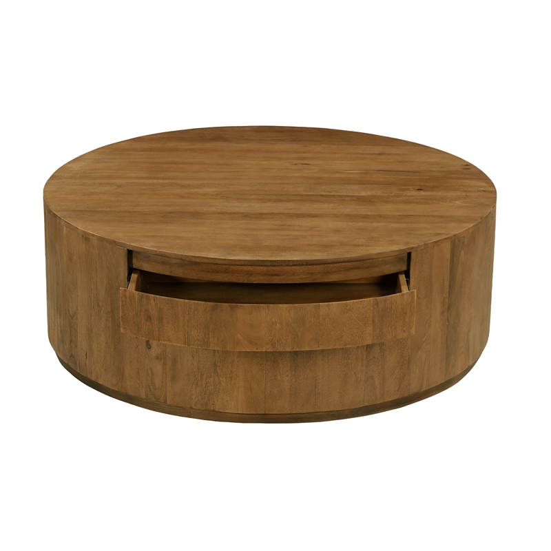 Flagstaff Round Cocktail Table 2-Drawer in Modern Spice Tan Finish on Solid Wood
