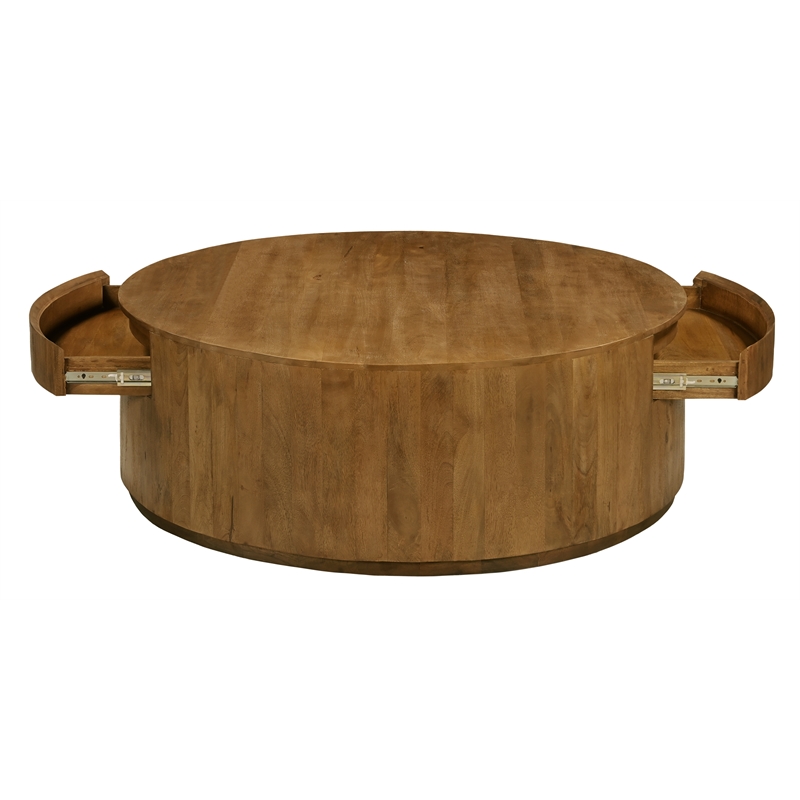 Flagstaff Round Cocktail Table 2-Drawer in Modern Spice Tan Finish on Solid Wood