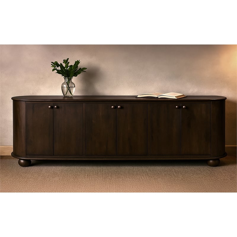 Astrid 6-Door Sideboard in a Mid-Century Barista Brown Finish on Oak Solid Wood