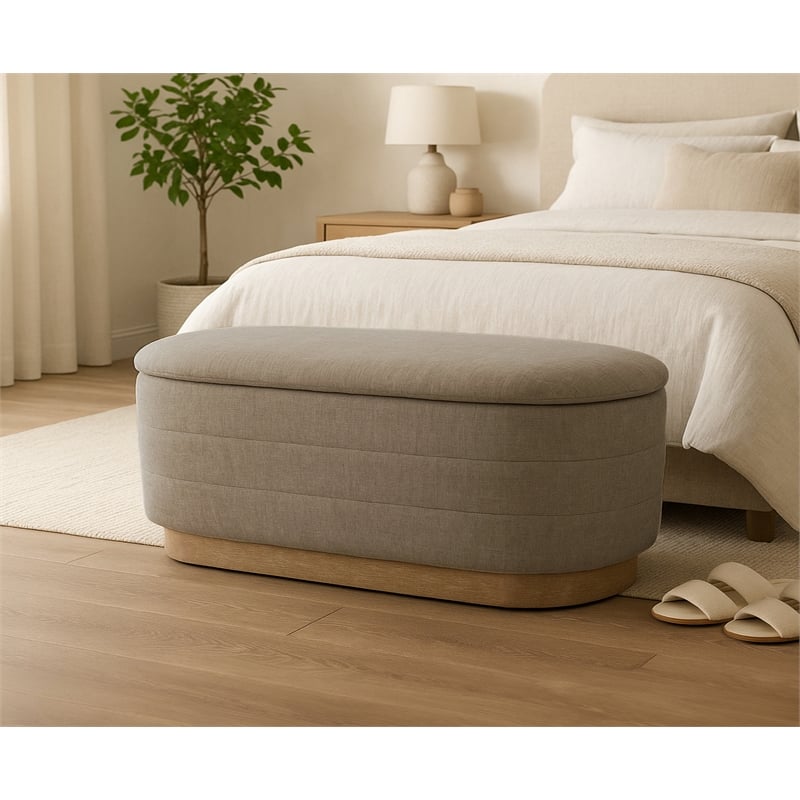 Jackie Storage Bench in Contemporary Slate Multi-Weave Fabric on Solid Wood Base