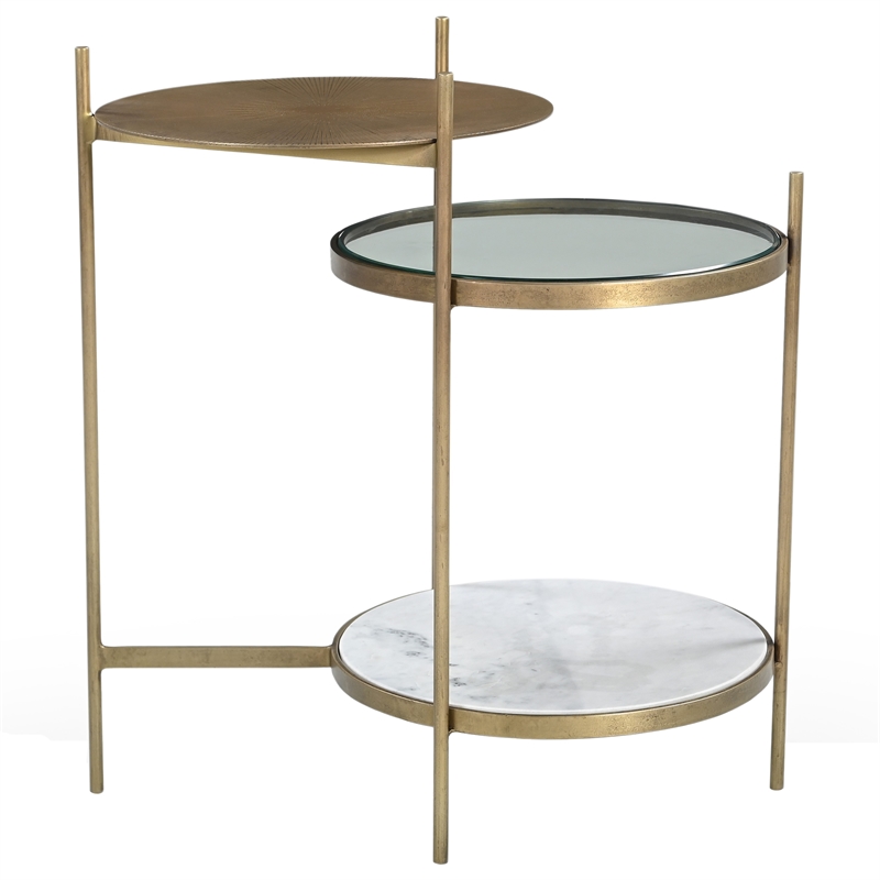 Galahad Side Table in Modern White Marble and Brass Toned Iron