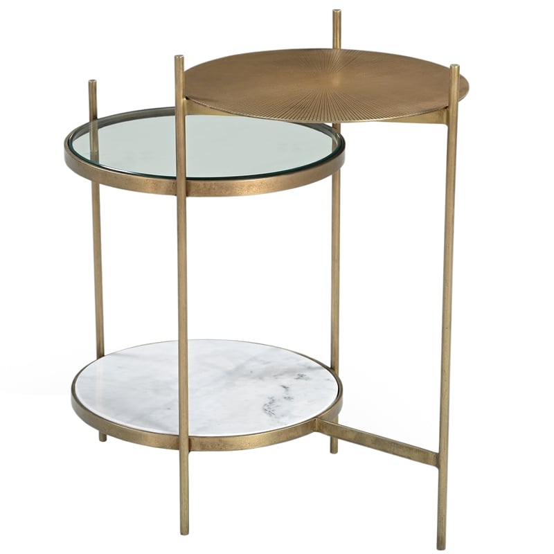 Galahad Side Table in Modern White Marble and Brass Toned Iron