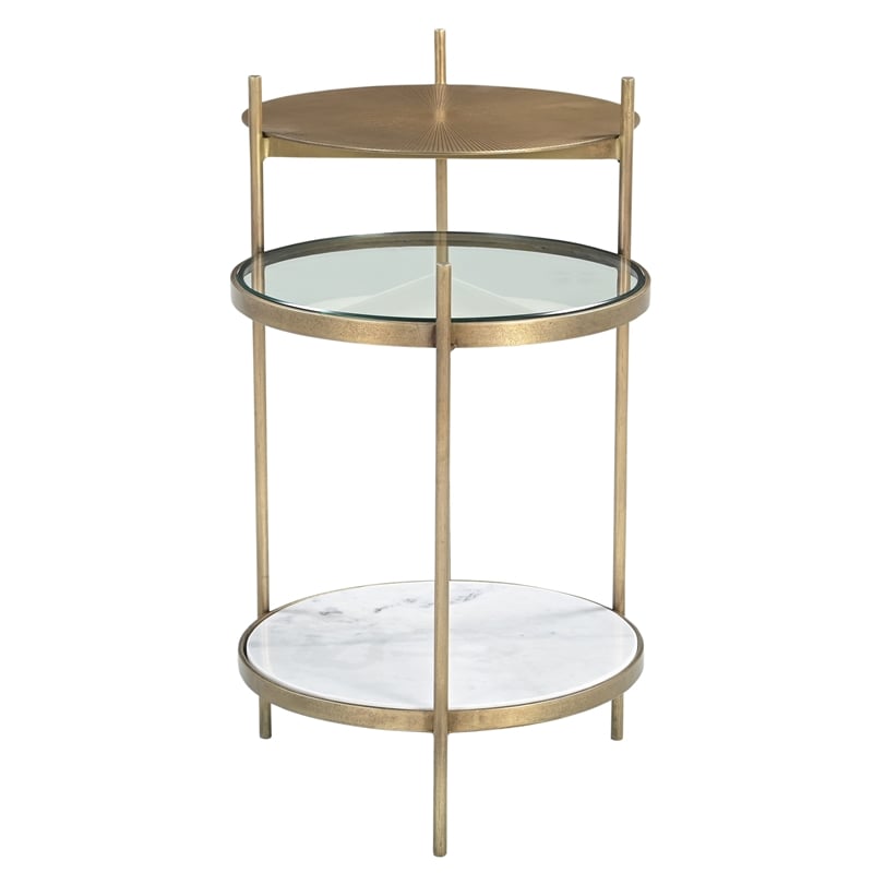 Galahad Side Table in Modern White Marble and Brass Toned Iron