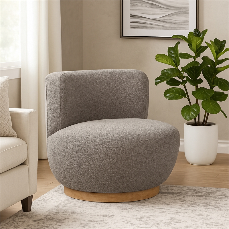 Maya Occasional Swivel Chair in Modern Silver Boucle Fabric on a Solid Wood Base