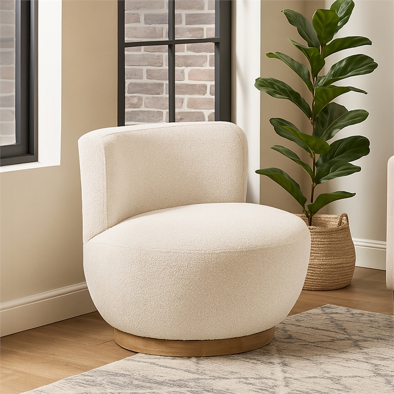 Maya Occasional Swivel Chair in Modern Ivory Boucle Fabric on a Solid Wood Base