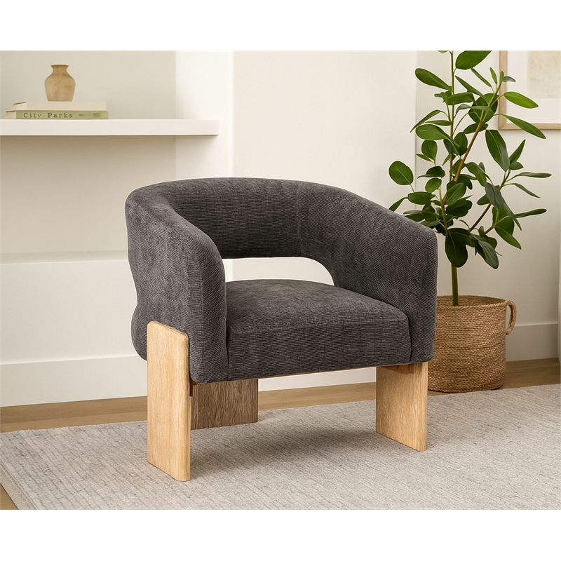 Tess Accent Chair in Modern Crystal Black Ribbed Linen on Solid Wood