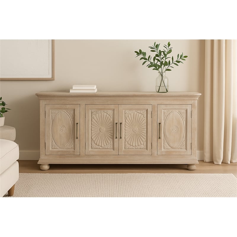 Carter 4-Door Sideboard in Distressed White Traditional Hand Carved Solid Wood