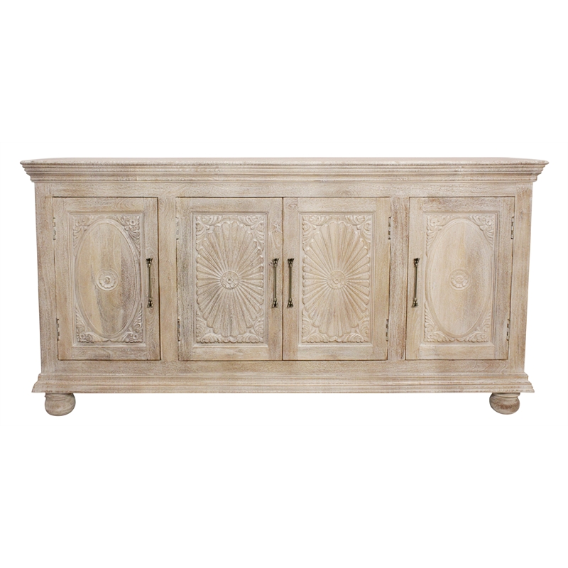 Carter 4-Door Sideboard in Distressed White Traditional Hand Carved Solid Wood