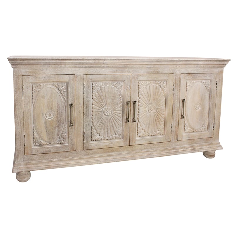 Carter 4-Door Sideboard in Distressed White Traditional Hand Carved Solid Wood