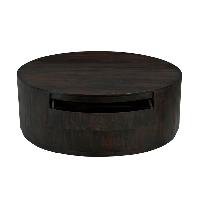 Flagstaff 2-Drawer Round Cocktail Table in Barista Brown on Solid Wood