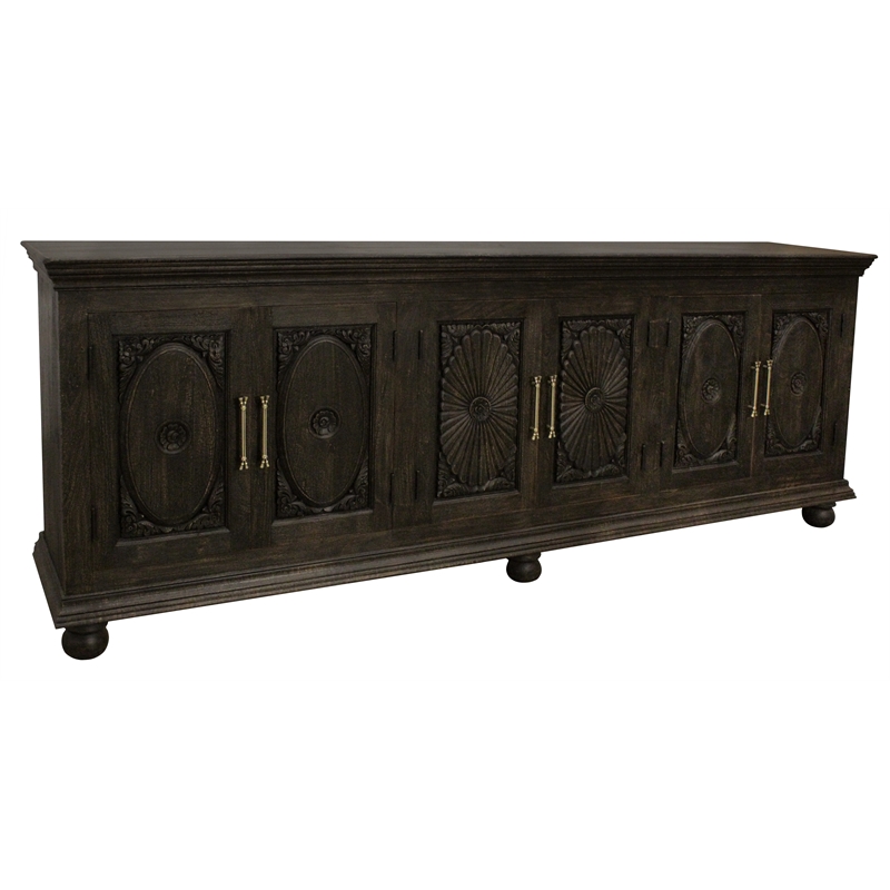 Athena 6-Door Sideboard in Antique Black with Traditional Carving on Solid Wood