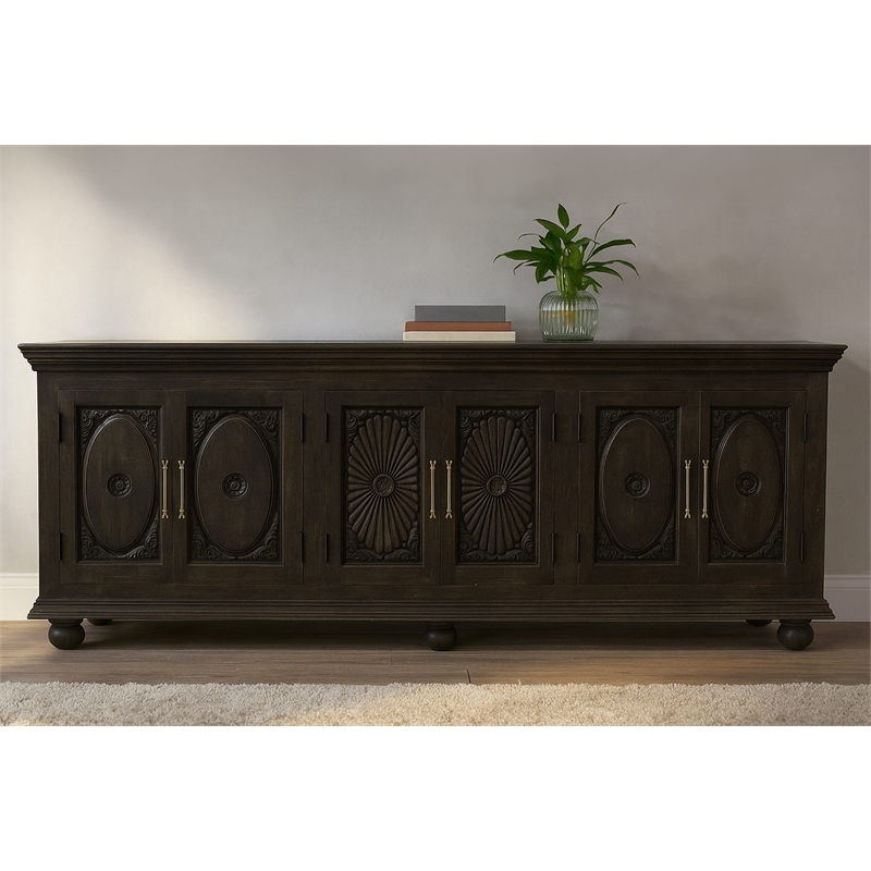 Athena 6-Door Sideboard in Antique Black with Traditional Carving on Solid Wood