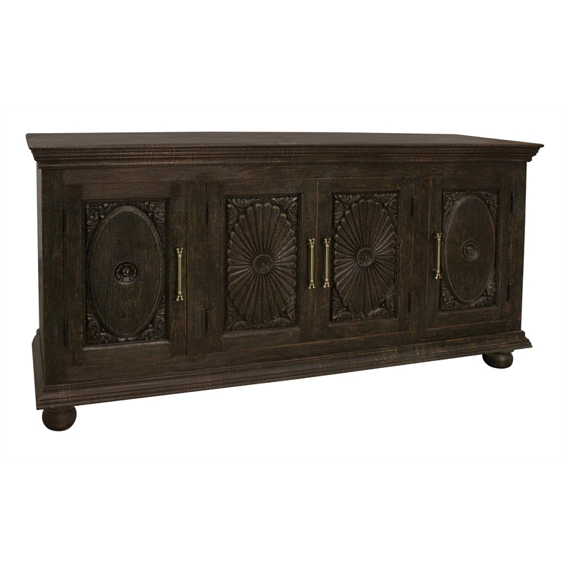 Athena 4-Door Sideboard in Antique Black with Traditional Carving on Solid Wood