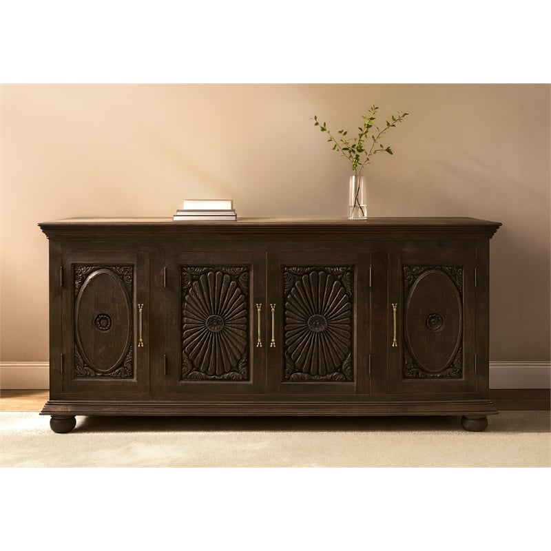 Athena 4-Door Sideboard in Antique Black with Traditional Carving on Solid Wood